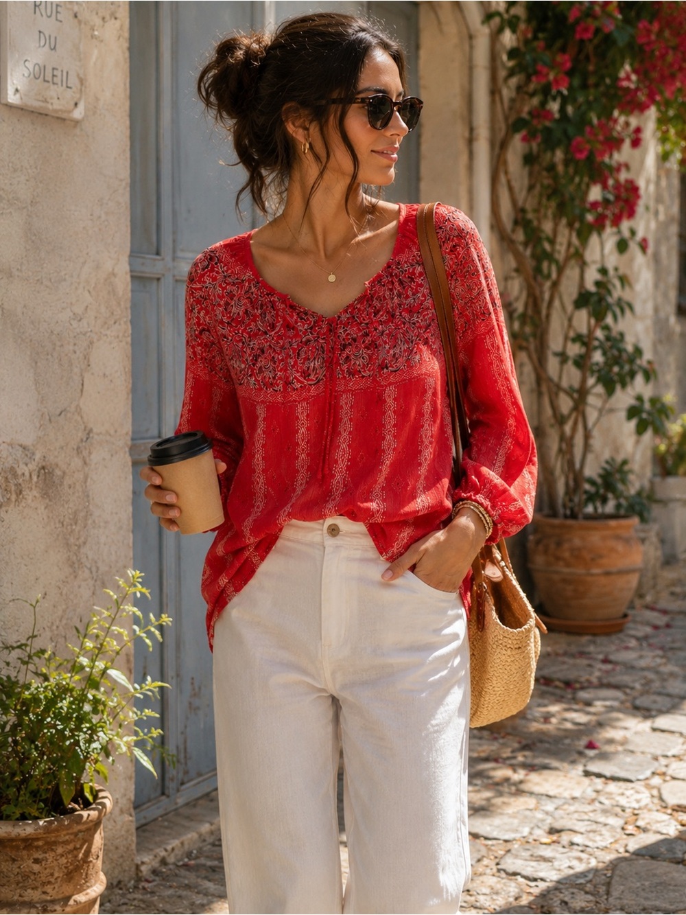 Lucky Brand Boho Peasant Blouse Coral Red Floral Print Smocked Hem Size M